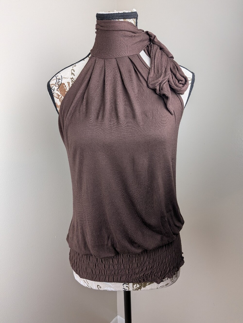 Sydney Joy Y2K Brown Halter High Neck Shoulder Tie Smocked Blouson Top Medium
